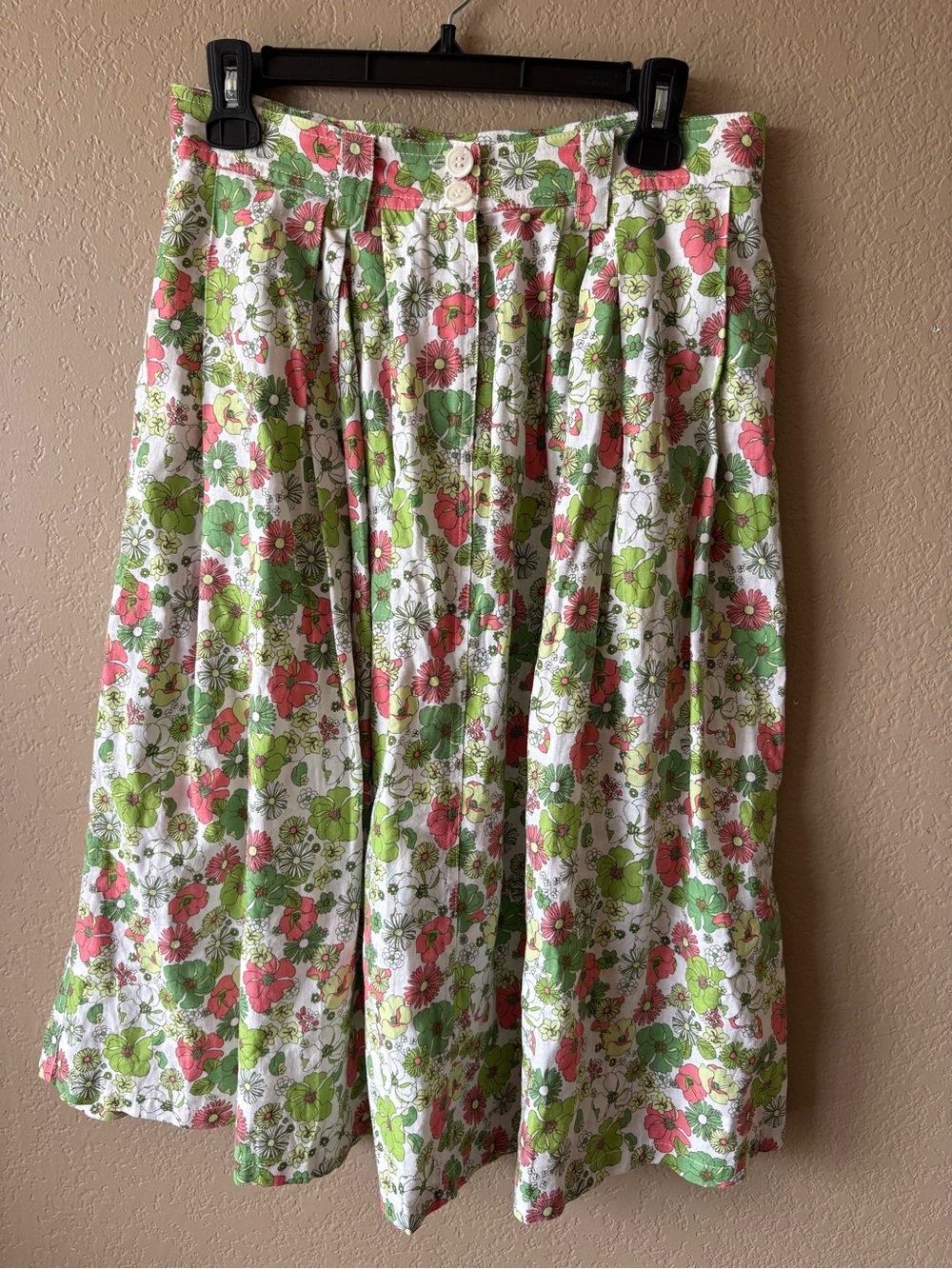 Modcloth Linen Blnd Floral Midi Skirt Size 10 Pink Green A Line Cottagecore